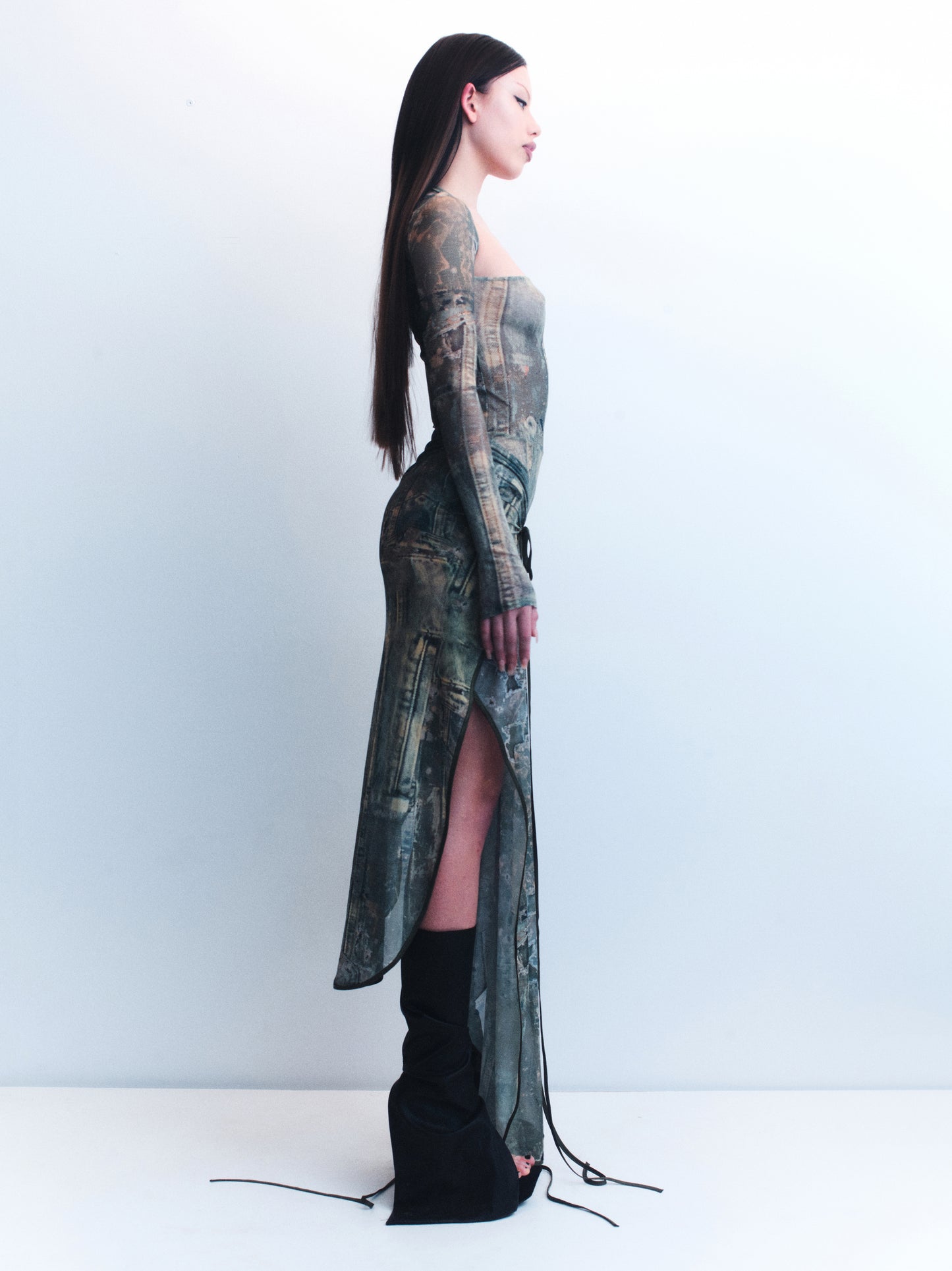 CCC. TRIPOLI DENIM PRINT MESH DRESS