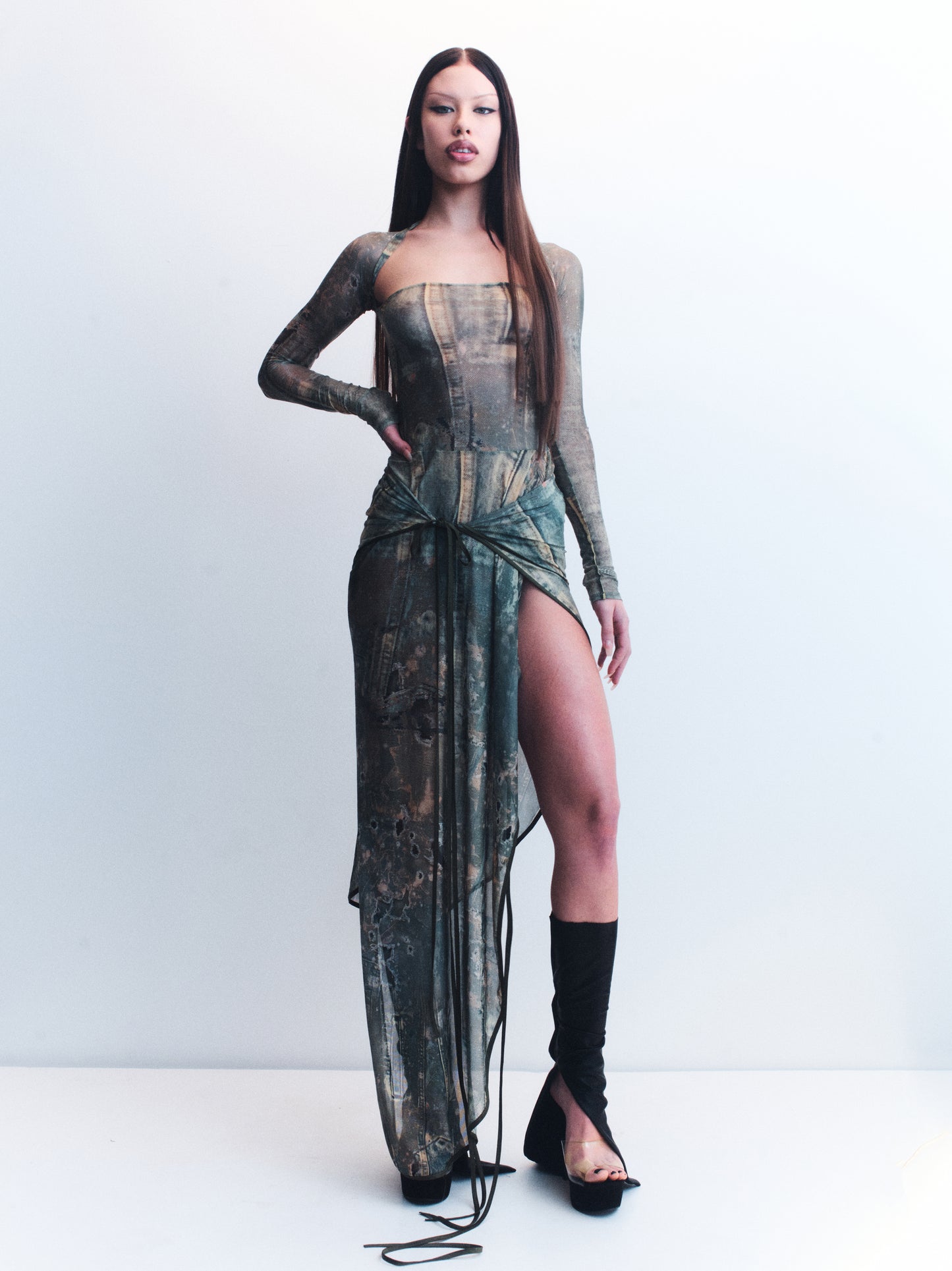 CCC. TRIPOLI DENIM PRINT MESH DRESS