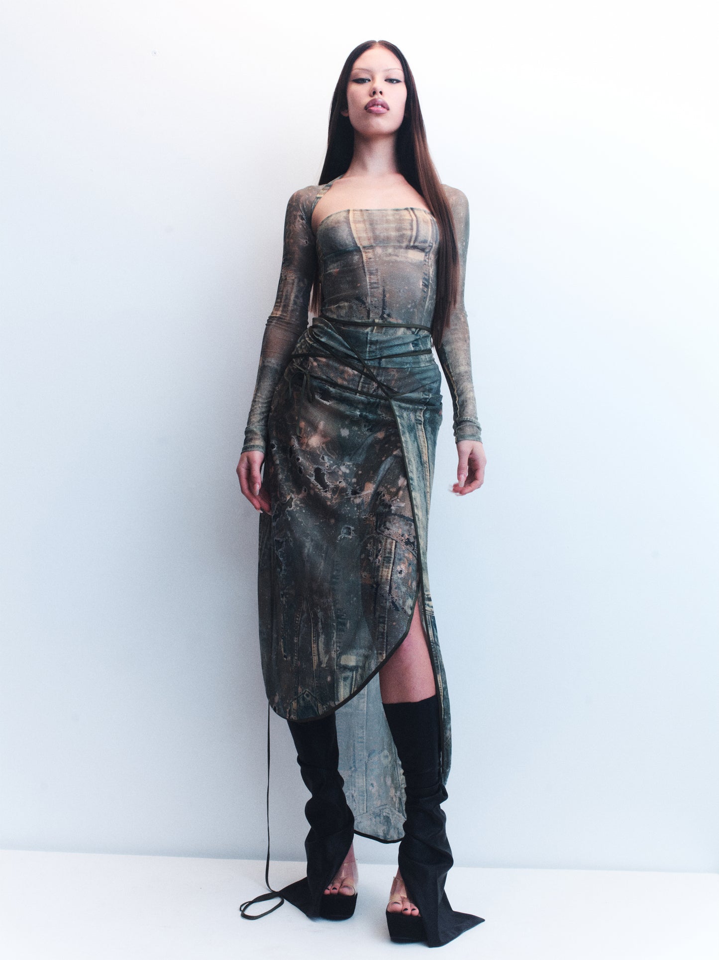 CCC. TRIPOLI DENIM PRINT MESH DRESS