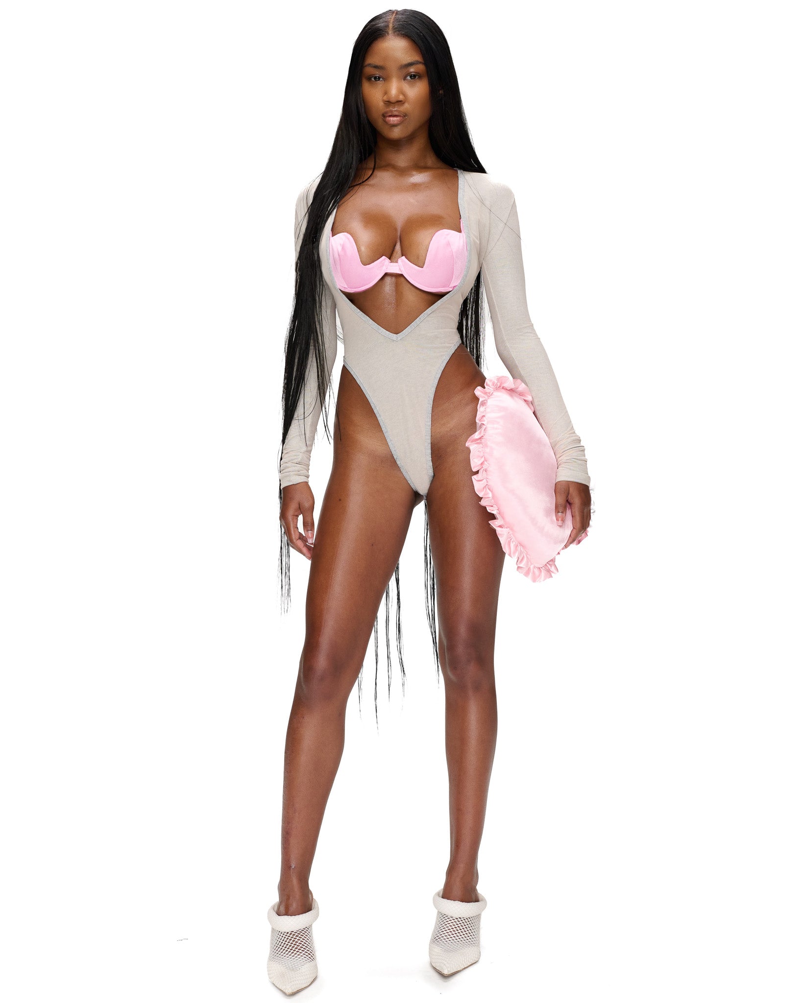 GREY MESH COVERED RIB BODYSUIT