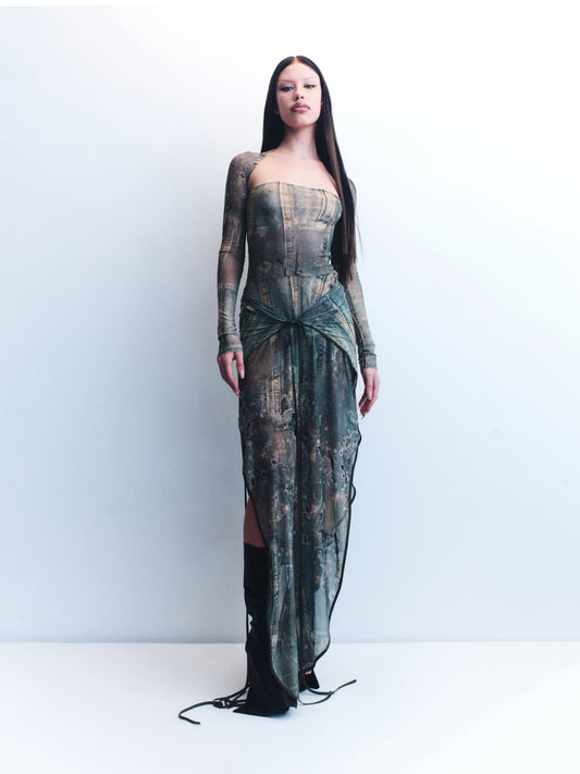 CCC. TRIPOLI DENIM PRINT MESH DRESS